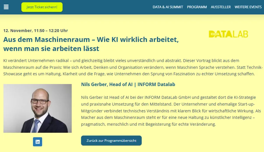 Nils Gerber als Speaker auf dem BARC Data und AI Summit mit dem Vortrag Aus dem Maschinenraum